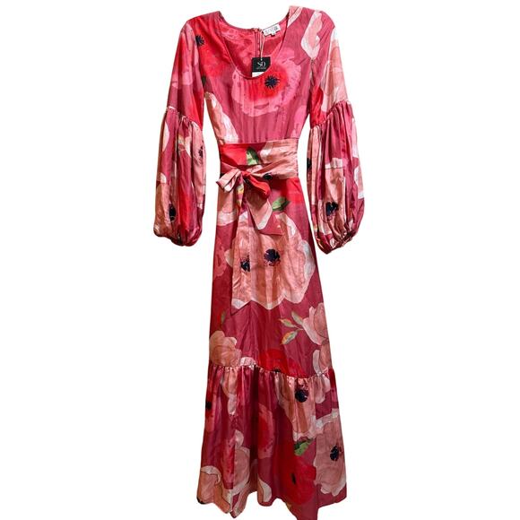 Sruti Dalmia Pink Floral Satin Belted Maxi Dress - NWT - Size XS - $360 MSRP - Picture 1 of 8